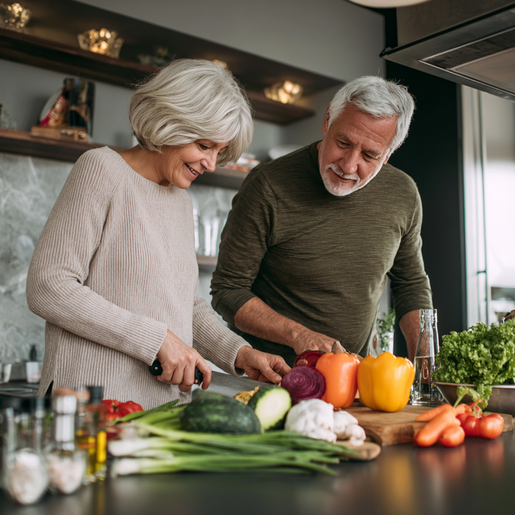 Mature adults preparing healthy balanced meals together in modern kitchen