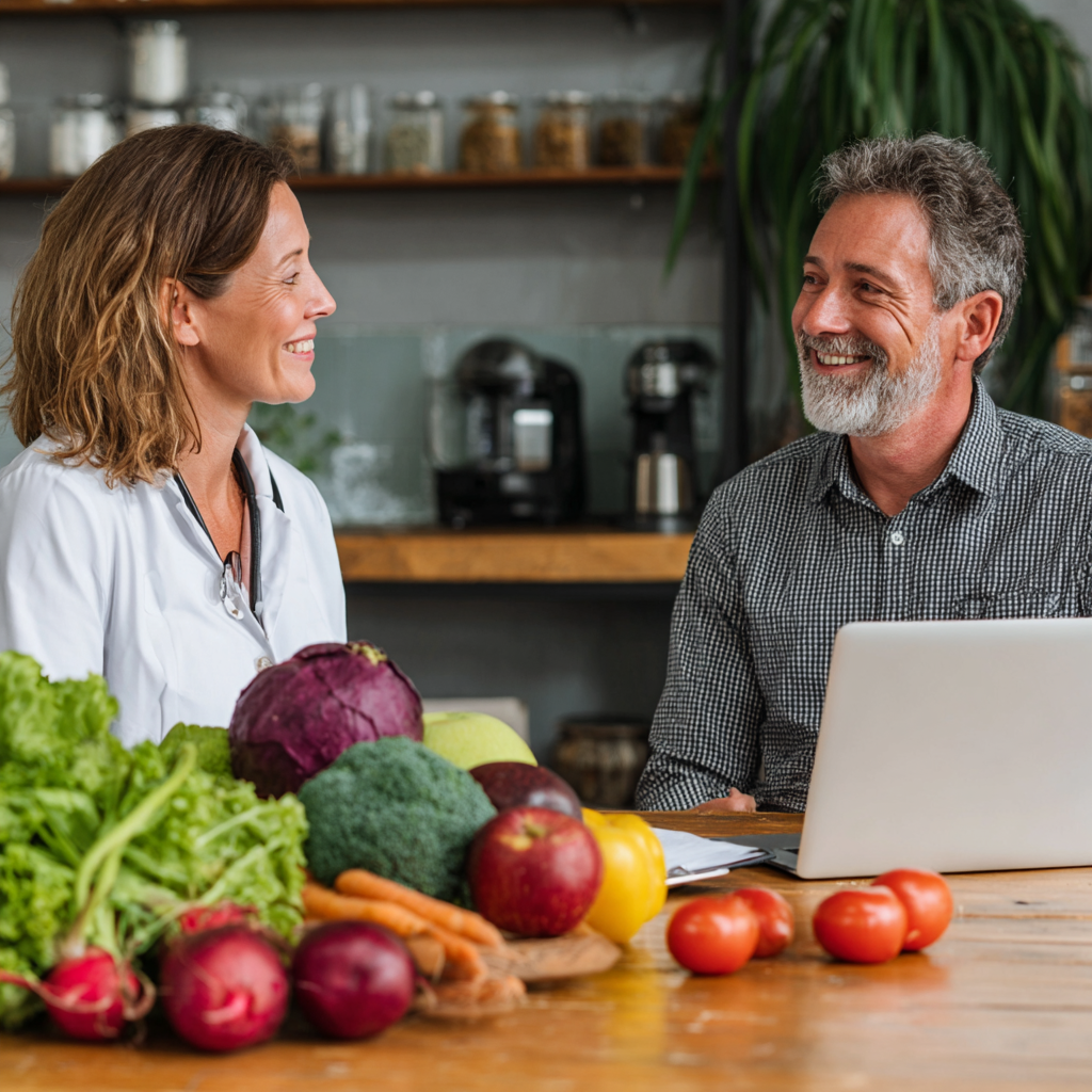 Nutritionist consulting with middle-aged client about personalized meal plans